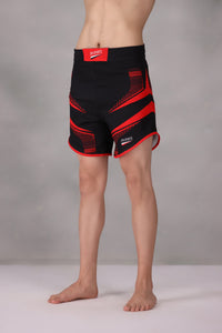 personalised mma shorts uk Black and red athletic shorts on a plain background