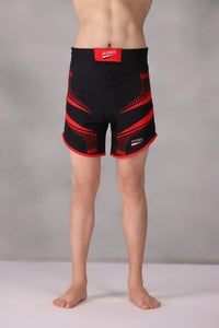 personalised mma shorts uk Black and red athletic shorts on a plain background