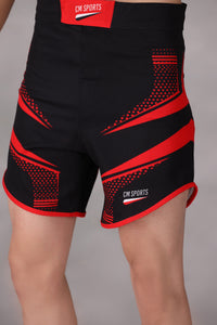 personalised mma shorts uk Black and red athletic shorts on a plain background