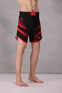 personalised mma shorts uk Black and red athletic shorts on a plain background