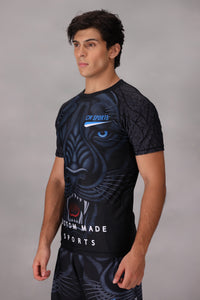 mma rashguards for men with a tiger design on a gray background